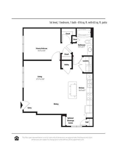 Floor plan for 1 bed, 1 bath, 789 sqft